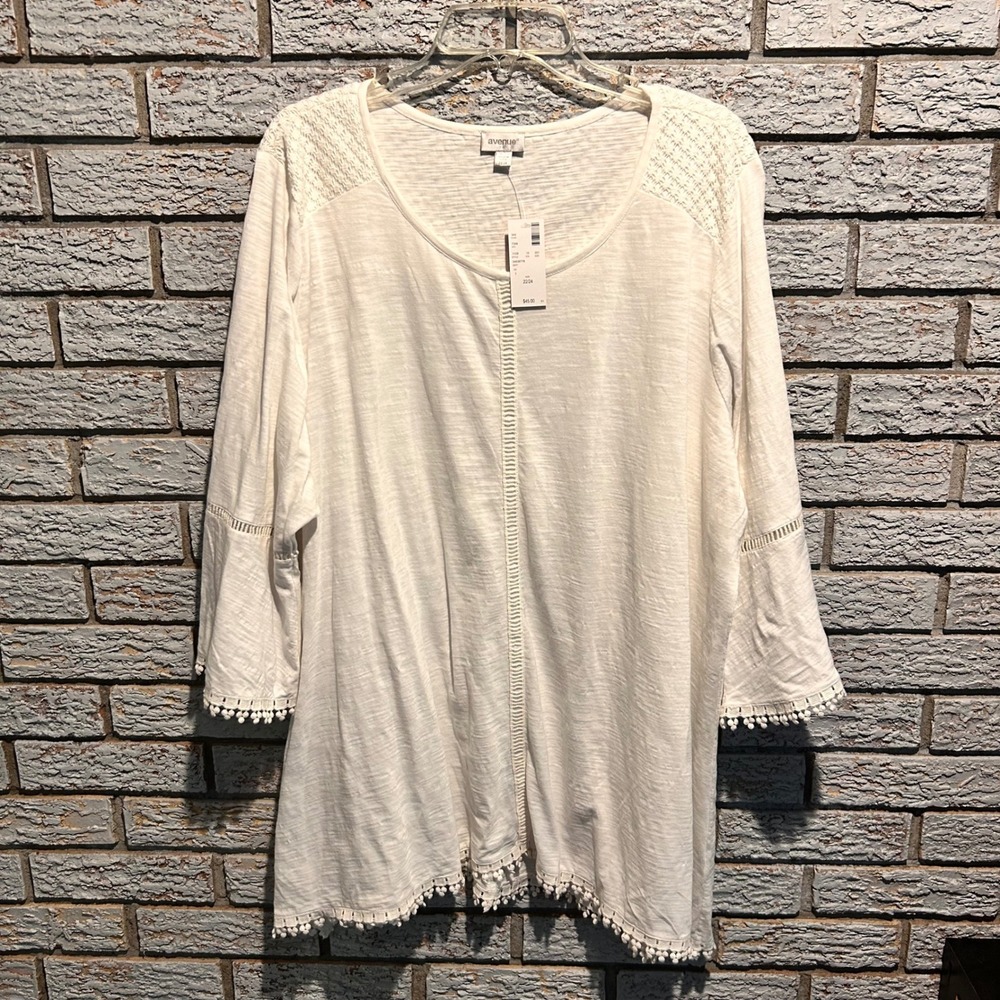 Avenue Womens Ivory Cotton Crochet Lace Pom Pom Trim Tunic Top 22/24 NEW